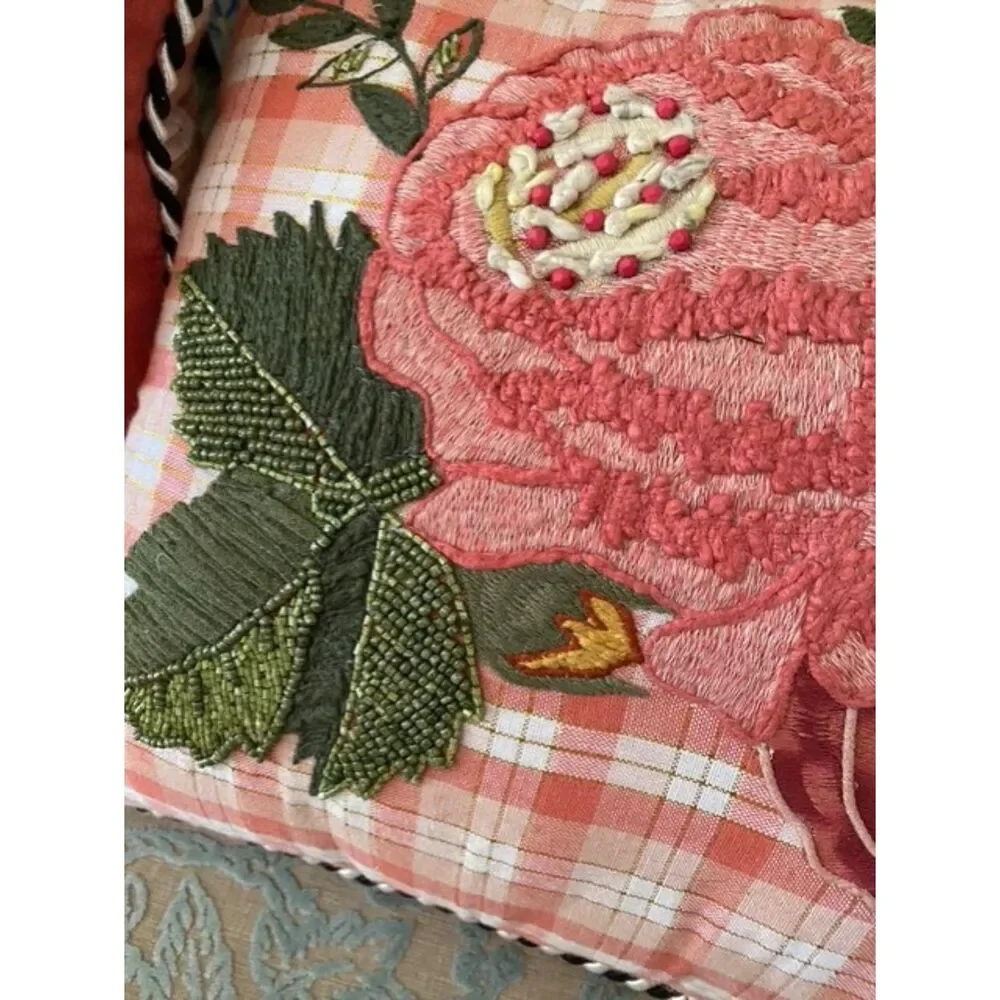 EUC MacKenzie Childs Embroidered Tattersall Rose Lumbar Throw Pillow Set